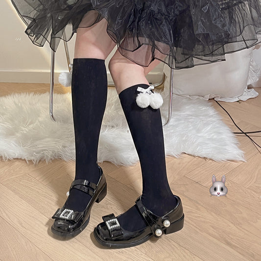 Lolita Women's Autumn Bow Maid Lace Fur Ball Socks