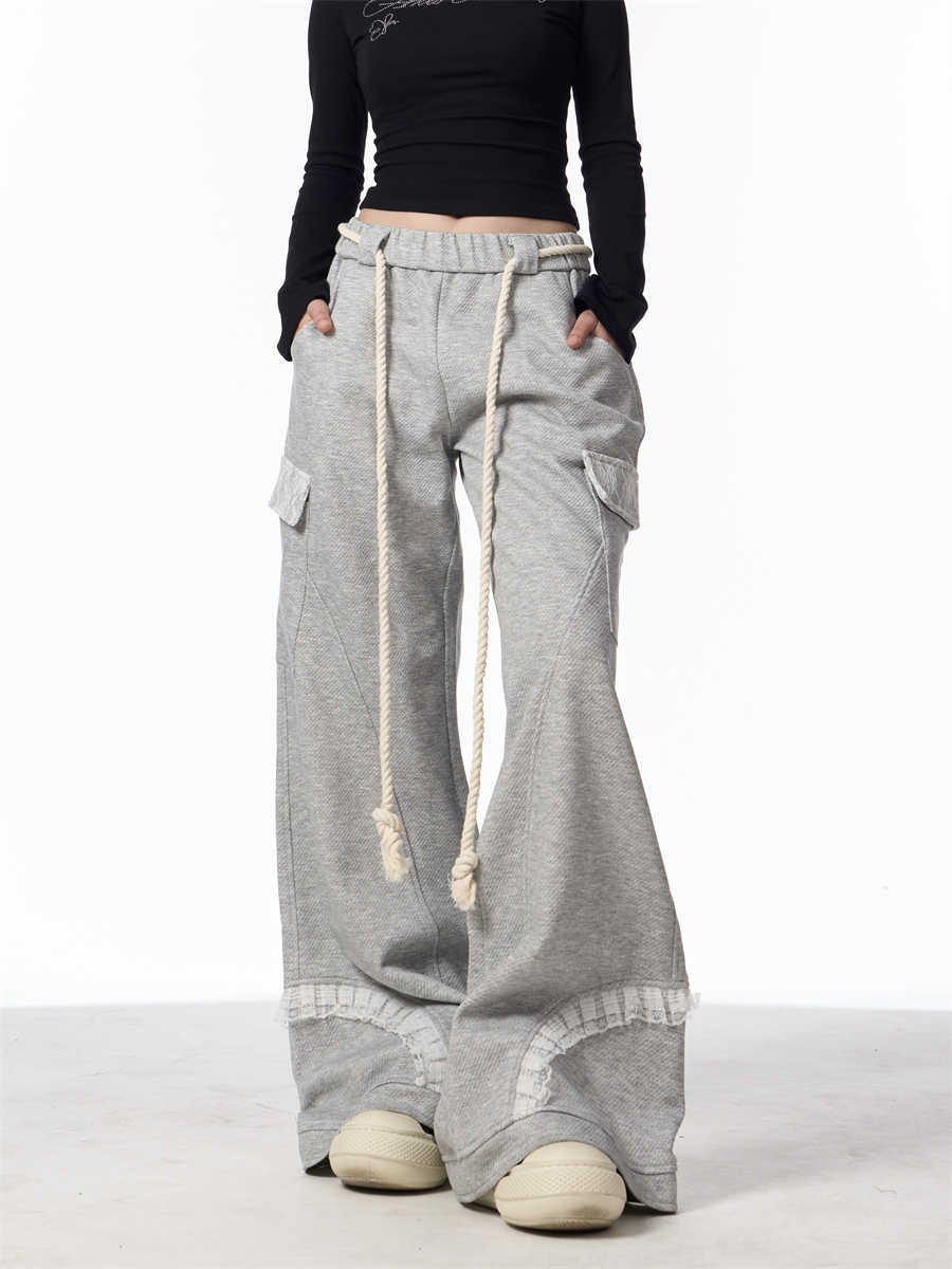 Gray Wide Leg Multi-pocket Drawstring Track Sweatpants Women's Casual Pants