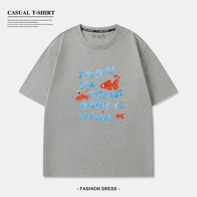 Cute Goldfish Printed Short Sleeve White Cotton T-shirt