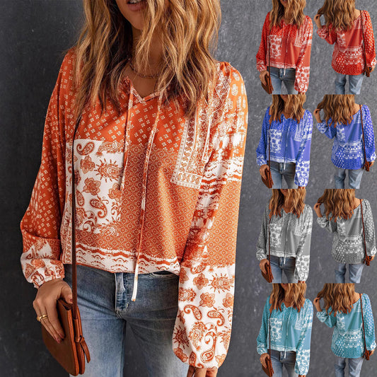 Women's Long-sleeved Printed Ethnic Blouse T-shirt Shirt