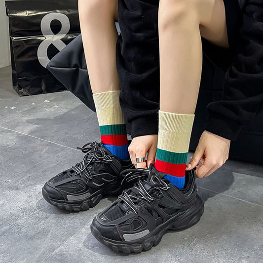 Socks Women's Red, Blue And Green Three-color Striped Trendy