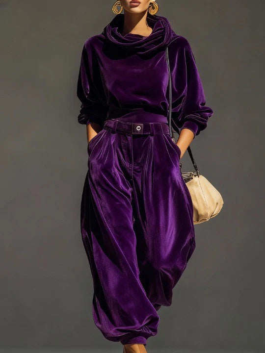 Velvet Hooded Long-sleeve With Tapered Pants Casual Set For Women