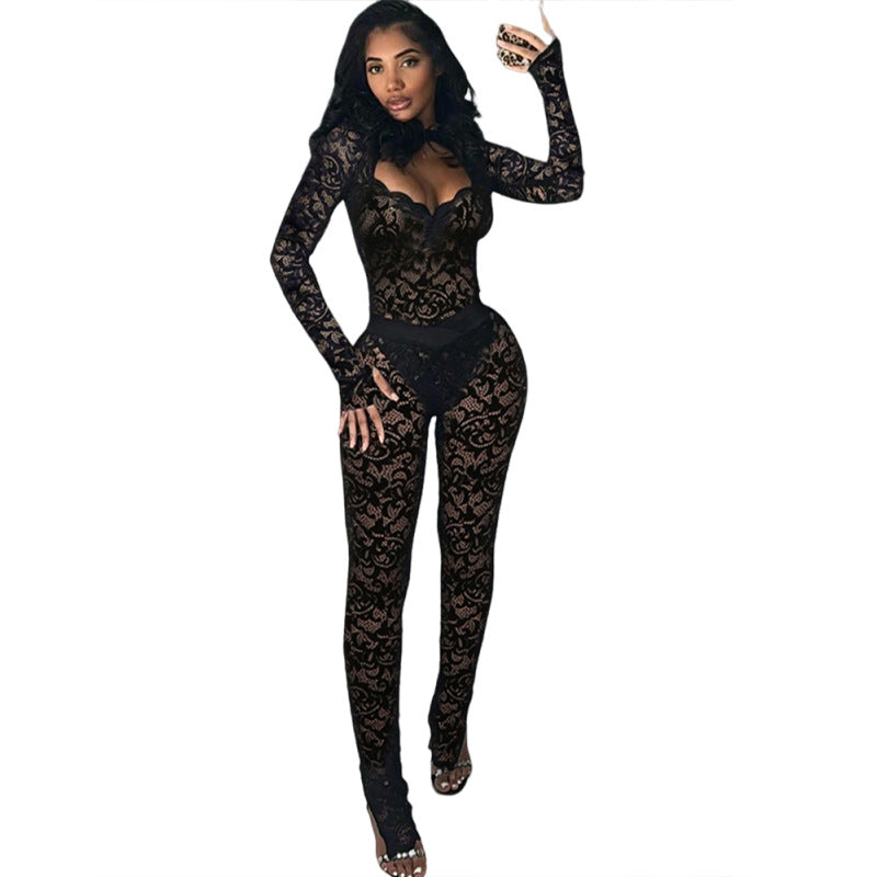 Fashion Solid Color Lace See-through Hollow Out Stitching Slim Fit Sexy