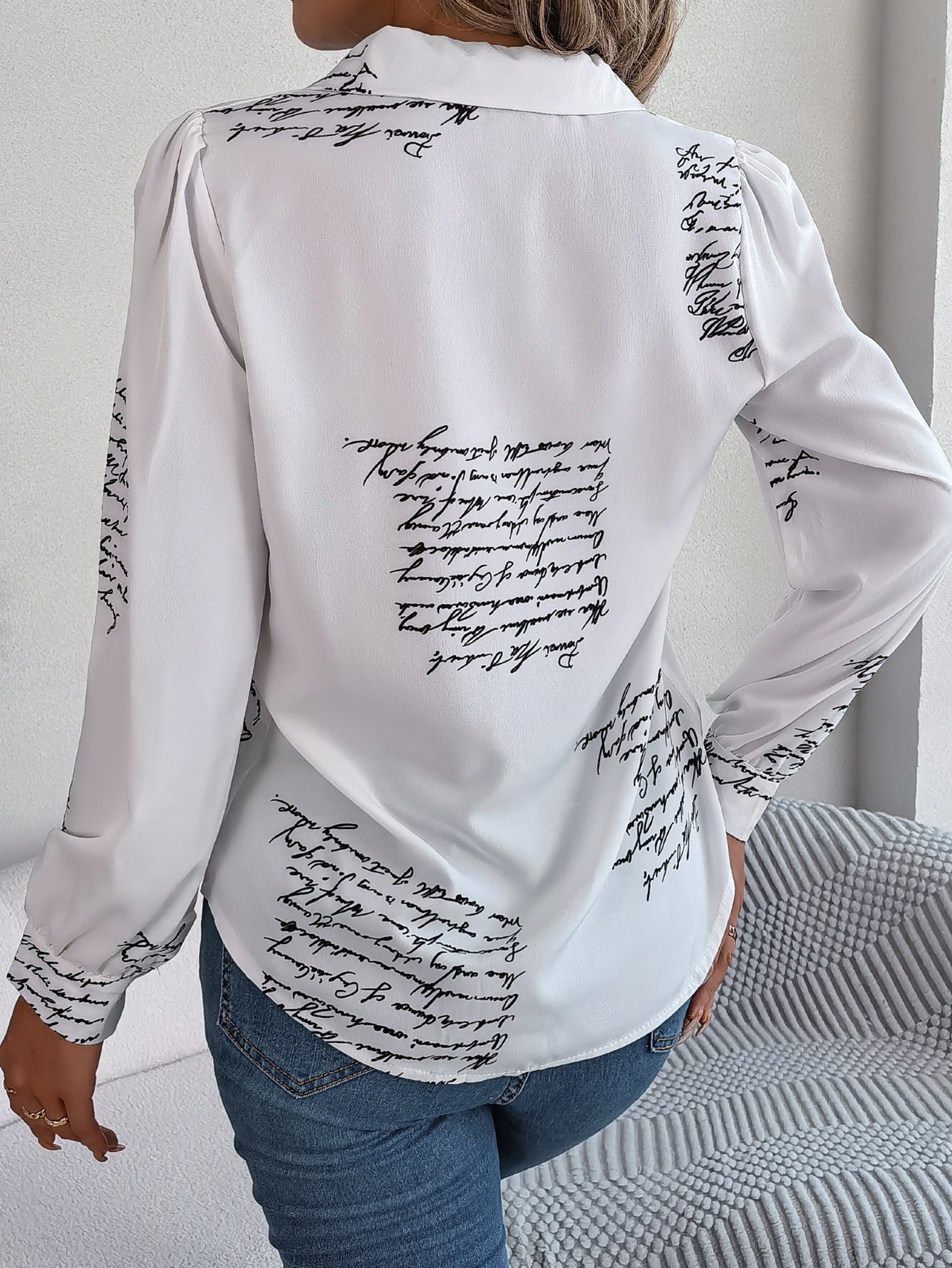 Women's Casual Versatile Letter Print Notched Lapel Long Sleeve Shirt