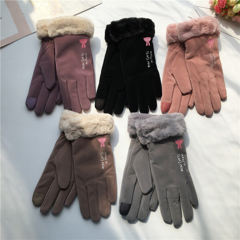 Efterår og vinter ridehandsker til kvinder, koreansk stil, alfabet, tegneserie, varme, dobbeltlags fleeceforede