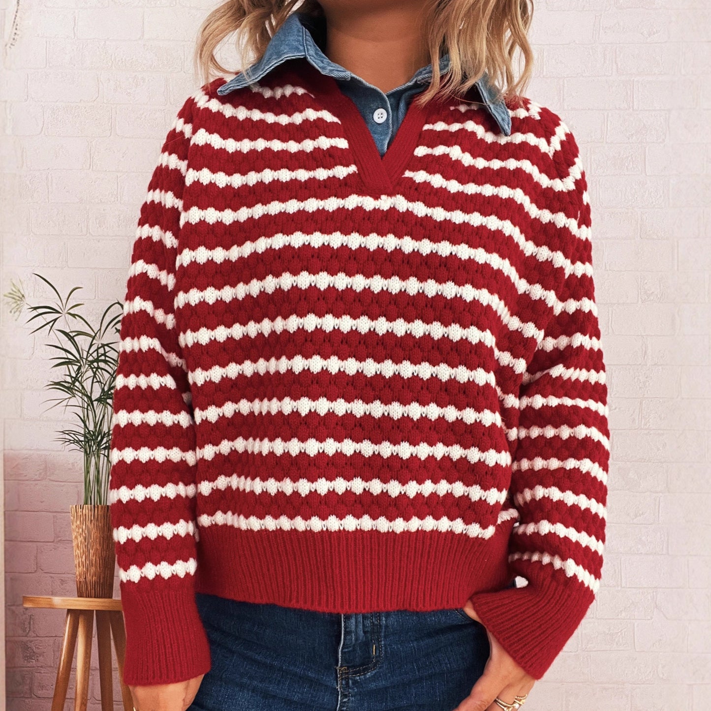 Women's Denim Patchwork Lapel Knitted Stripe Color Block Fake Two-piece Sweater