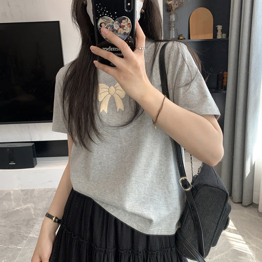 Spring Not Late Sweet Bow T-shirt Skulder