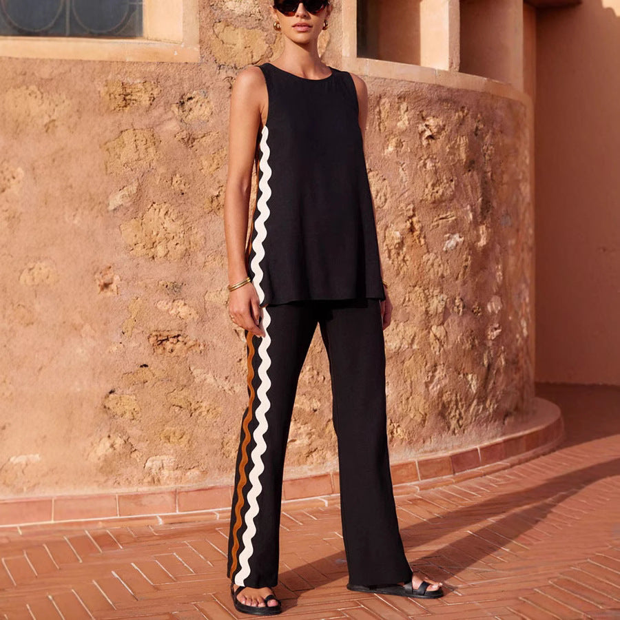 Sleeveless Top And Straight-Leg Pocket Pants Casual Set For Women