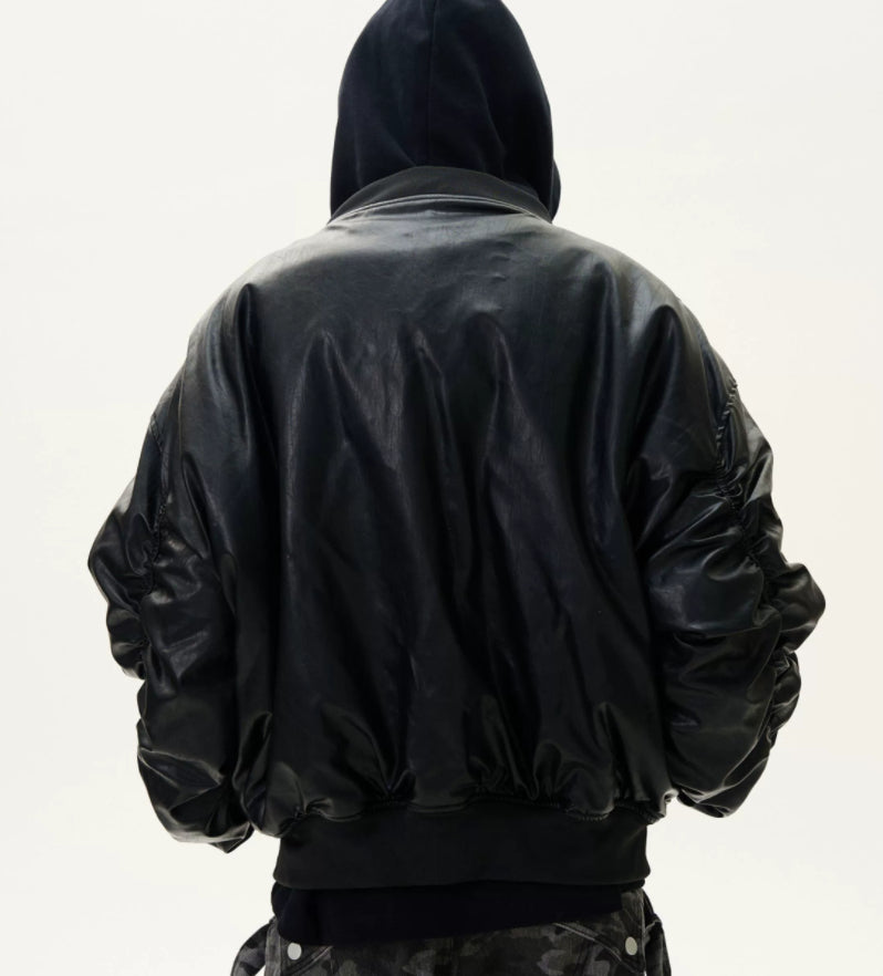 Fake Two-Piece Stitched Hooded Thickened PU Leather Padded Jacket Coat