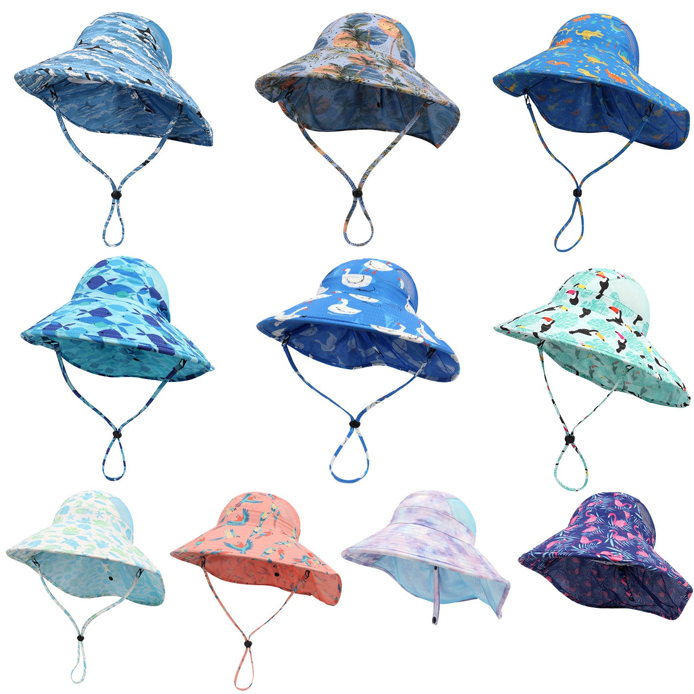 Children's Big Eaves Animal Printing Air-permeable Beachwear Neck Protection Bucket Hat Quick-drying Shawl Hat