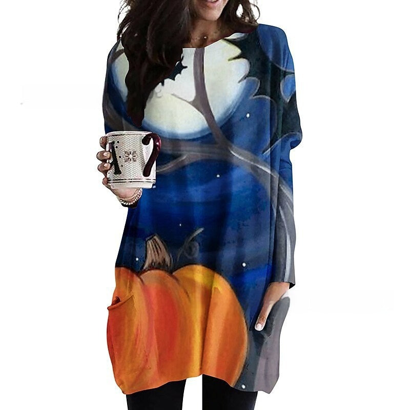 Women's Round Neck Mid-length Long-sleeved T-shirt With Pockets