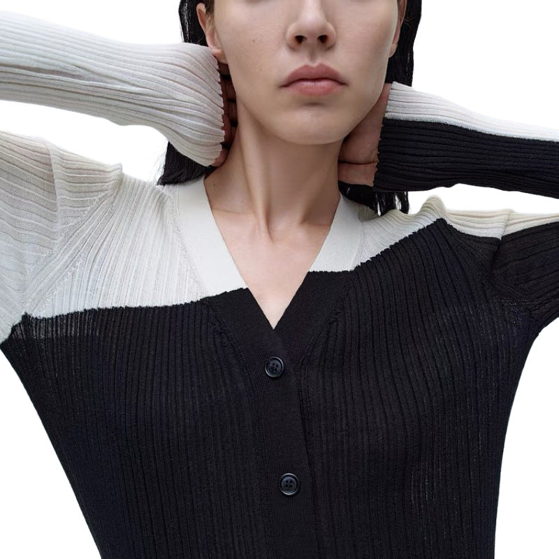 Autumn And Winter New Contrast Color Irregular Slim-fit Long-sleeve Cardigan Sweater