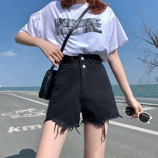 Ins-stil Trendy Ripped Denim Shorts til Kvinder Højtaljede A-linje Design til Sommer