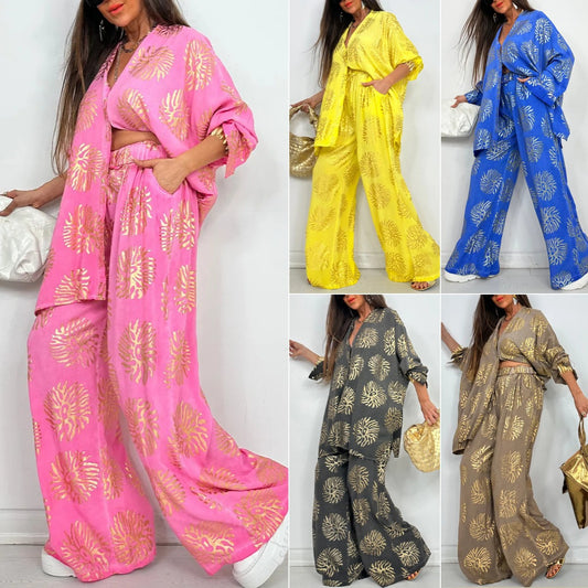 Women's Lapel Print Loose Casual Long Sleeve Set