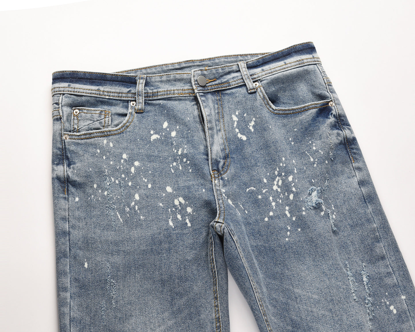 Light Blue Jeans With Splashed Ink And Ripped Elastic Wash