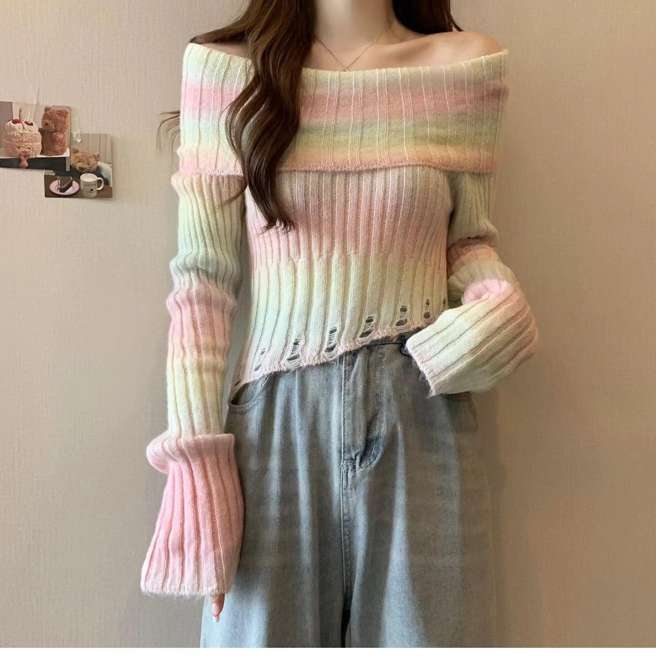 Off-shoulder Gradient Irregular Slim-fit Sweater For Women