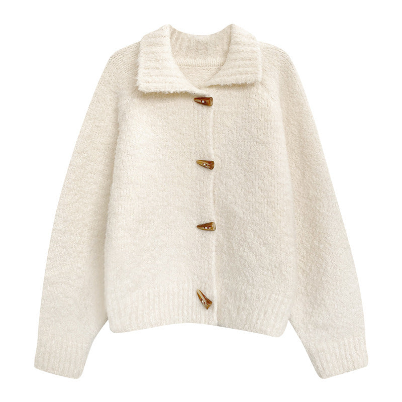 Retro Horn Button Solid Color Sweater Coat For Women