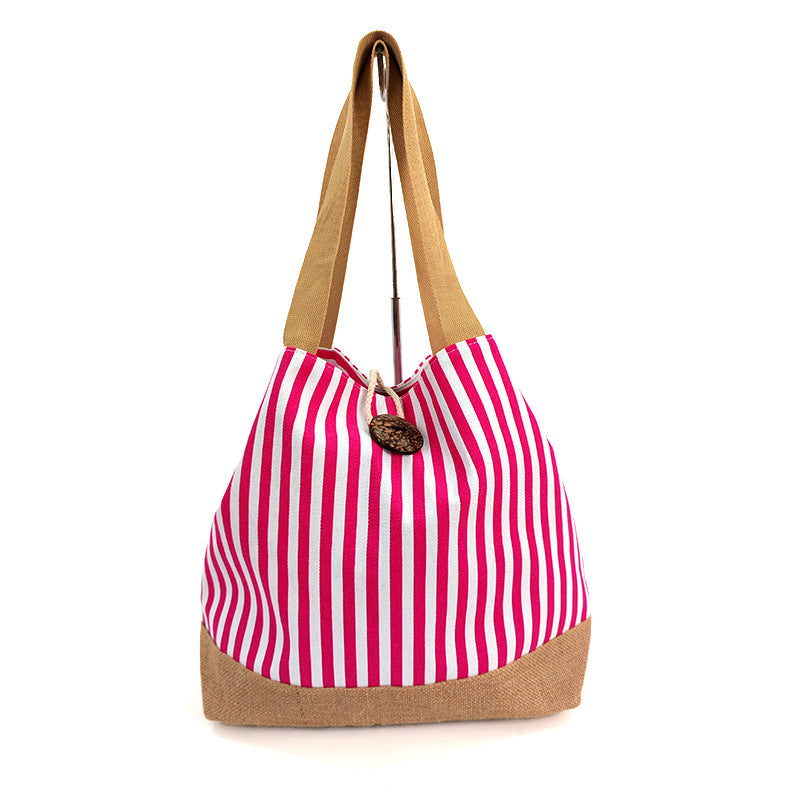 New Striped Canvas Large-Capacity Shoulder Commuter Tote Bag