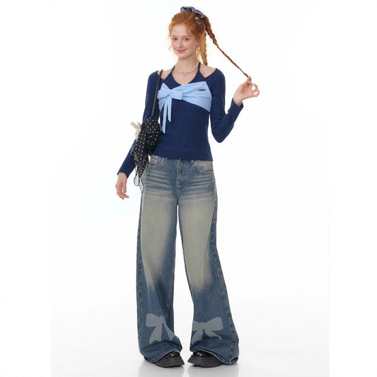 Retro vidde ben, sløjfe, printet, vasket denimjeans