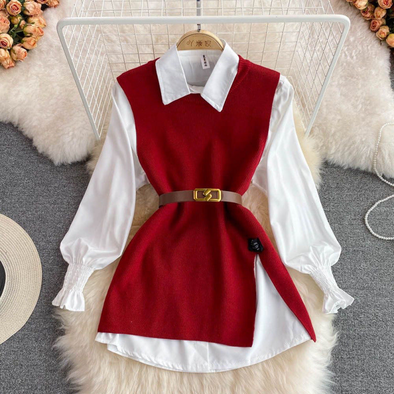 Slit Knitted Vest Shirt Western Style Youthful-looking Two-piece Set