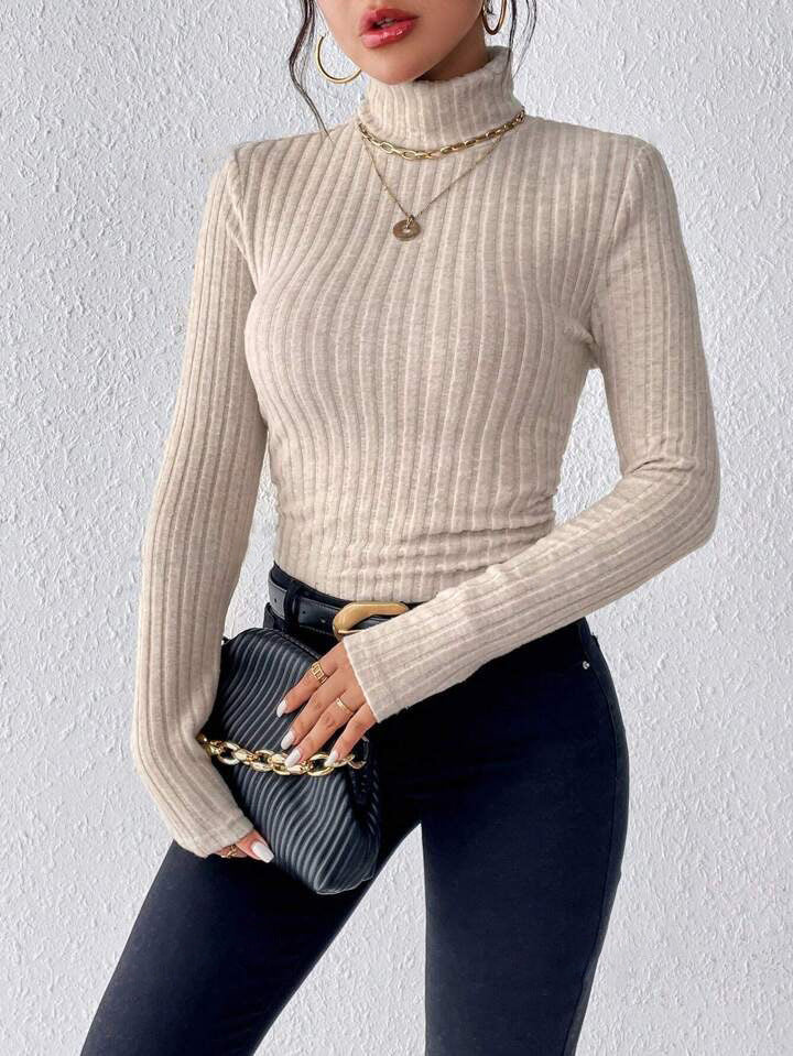 Autumn And Winter V-neck Long Sleeve Brushed Sunken Stripe Knitted Top
