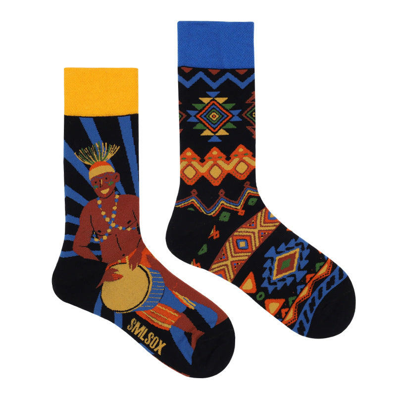 Asymmetrical Color Retro Personality Male And Female Couple Mid-length Cotton Socks