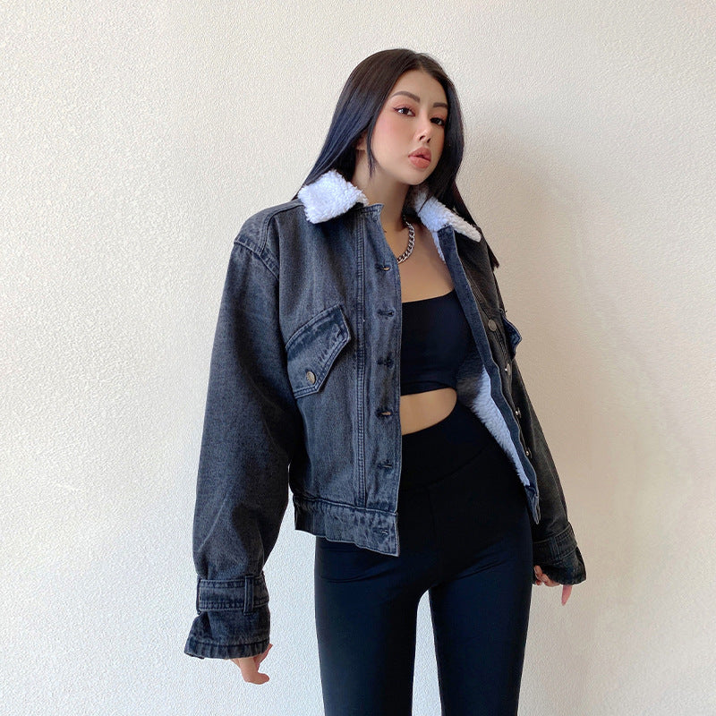 Women's American Style Retro Warm Lamb Wool Denim Jacket