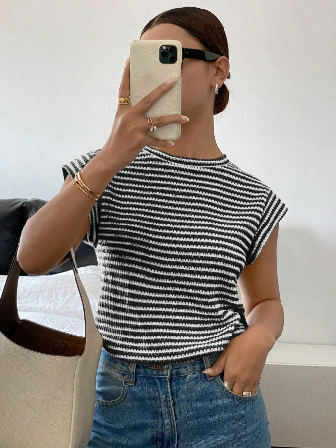 Womens New Summer Striped Crew-Neck Fashion Knit T-Shirt For Women
