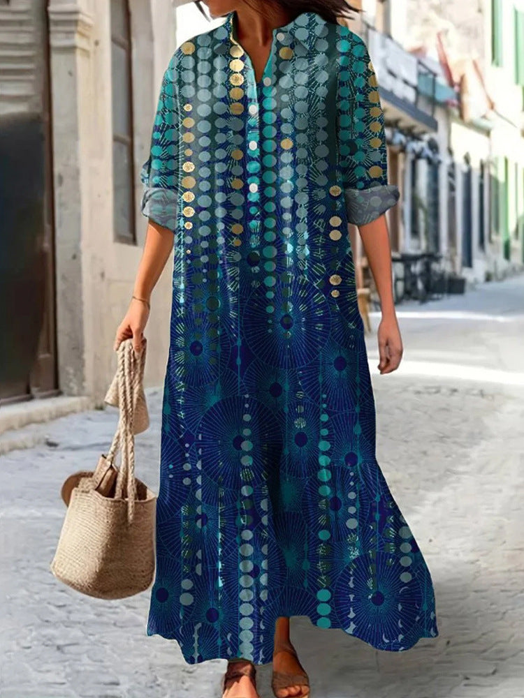 Womens Long-Sleeve Lapel-Neck Digital-Print Dress
