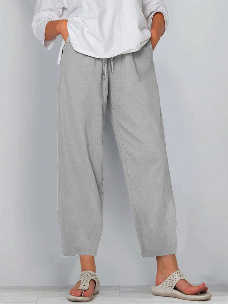 Elastic Waist Solid Color Cotton And Linen Wide Leg Casual Trousers