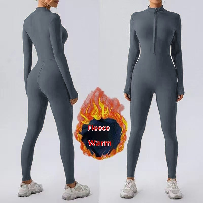 Zipper Nude Feel Close-fitting Fleece Yoga Jumpsuit