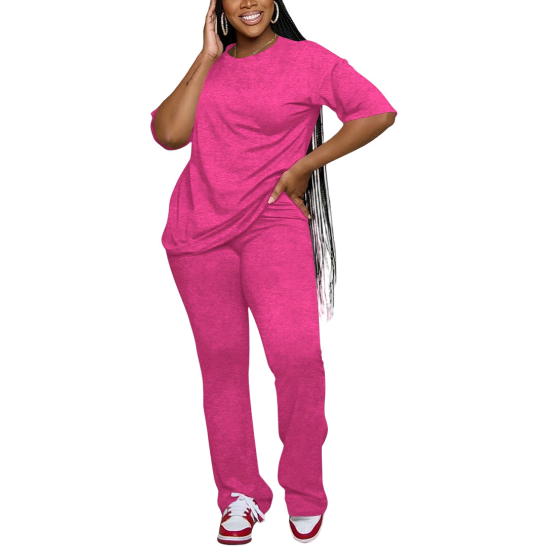 Casual Solid-Color Cotton-Like Crew-Neck Two-Piece Set