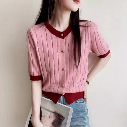 High-grade Classic Style Contrast Color Short-sleeved Knitted Sweater