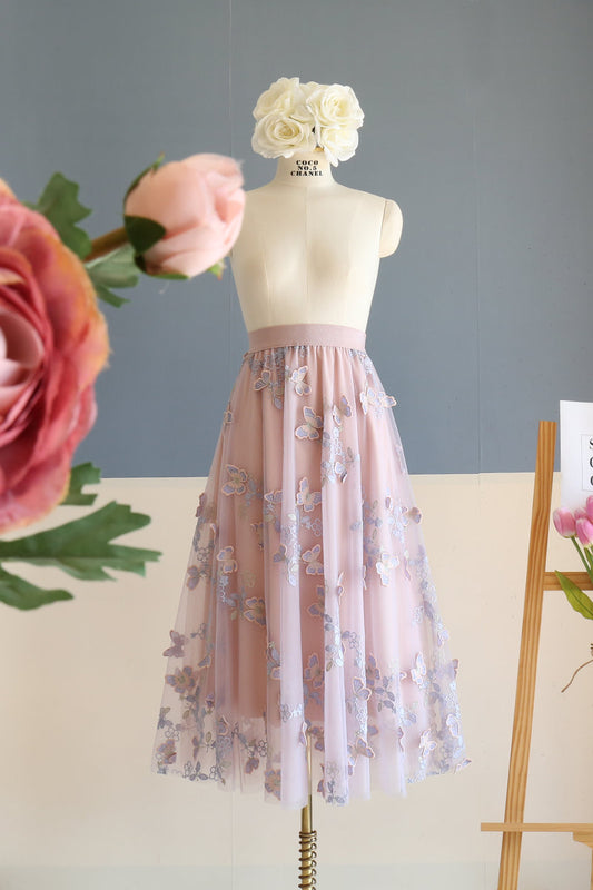 High Waisted Embroidered Mesh Skirt
