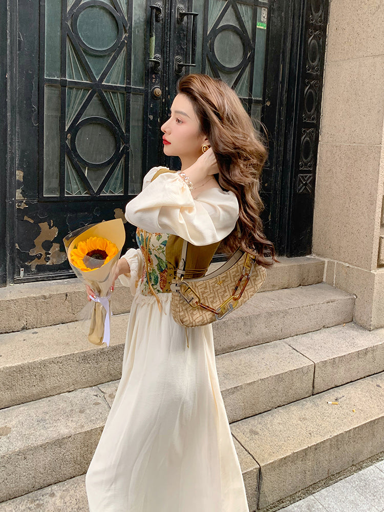 French Square Neck Dress With A Touch Of Apricot Color