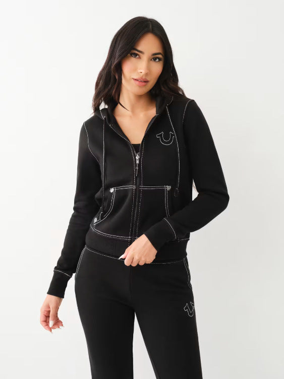 Retro Zip-up Hoodie With A Hood Hip-hop Letter-print Sweatshirt Fashionable Womens Outfit