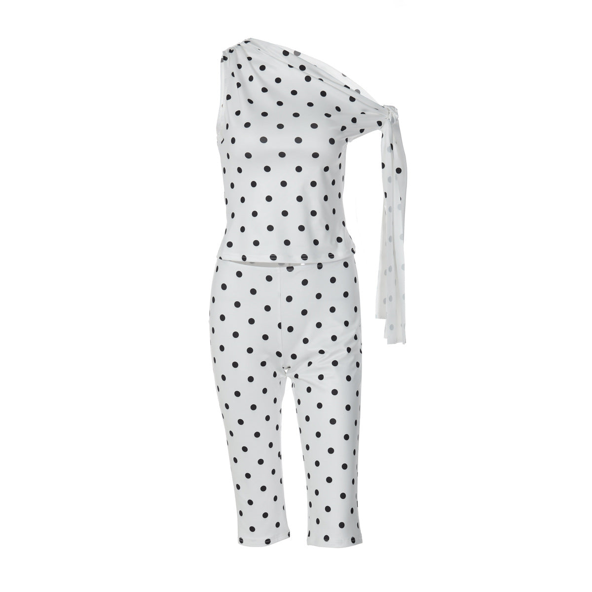 Women's One-shoulder Strap Polka-dot Tank Top And Shorts Set