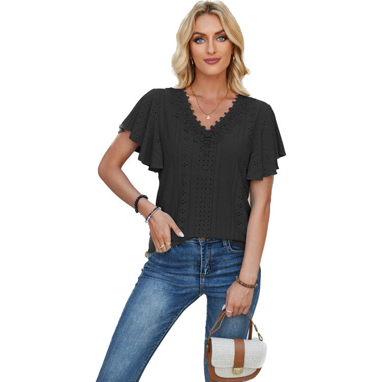 Women's Spring And Summer Lace Ruffle Sleeve Solid Color Loose Short Sleeve
