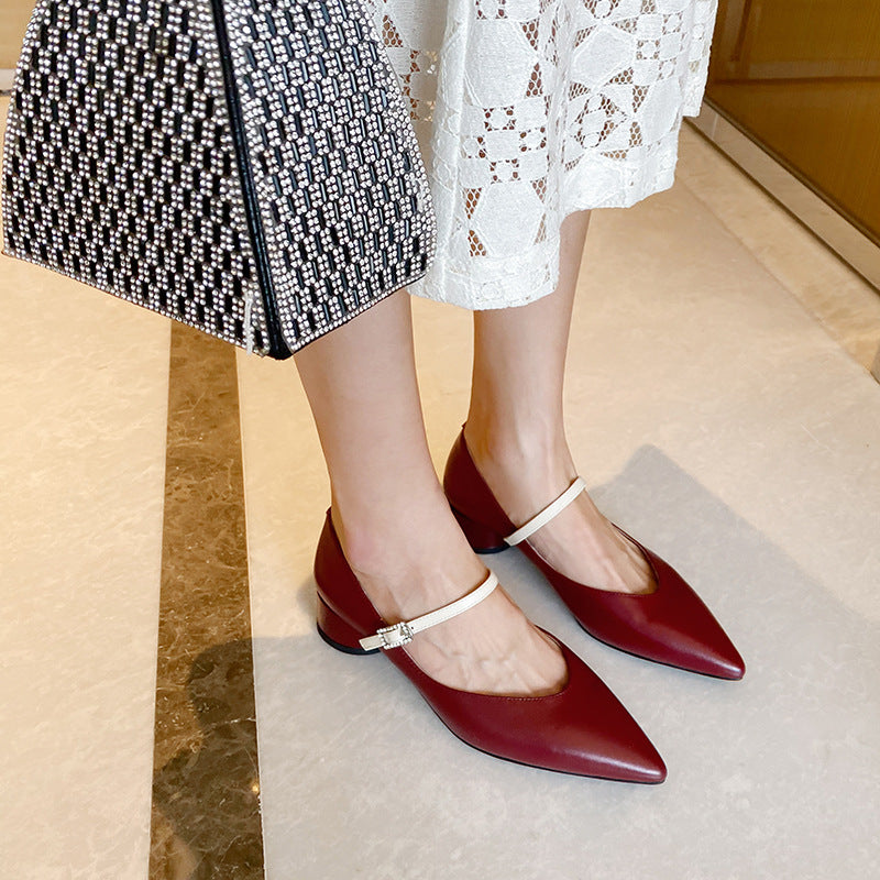 Single Buckle Red Thick Heel Low Heel Mary Jane