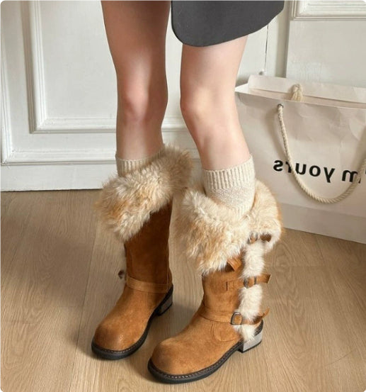 New Winter Retro Chic All-Match Leather-Buckle High-Top Furry Snow Boots For Women