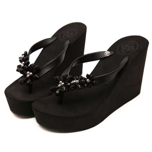 Crystal Beads Flower Slope With Platform Flip Flops