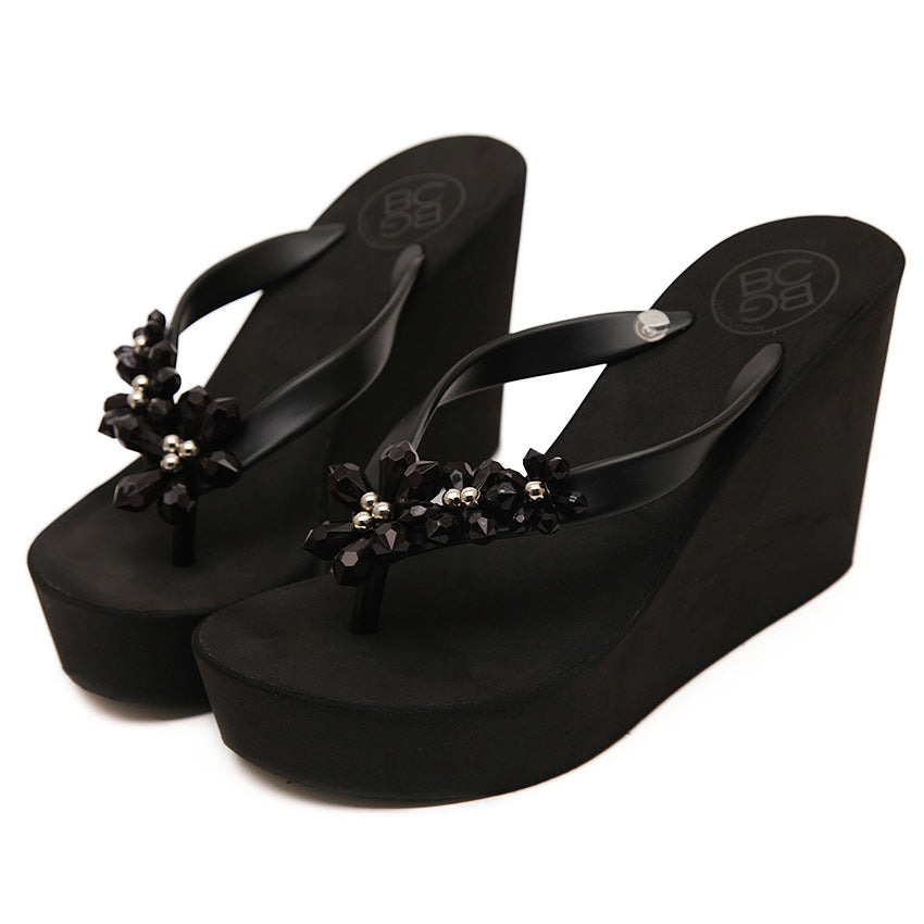 Crystal Beads Flower Slope With Platform Flip Flops