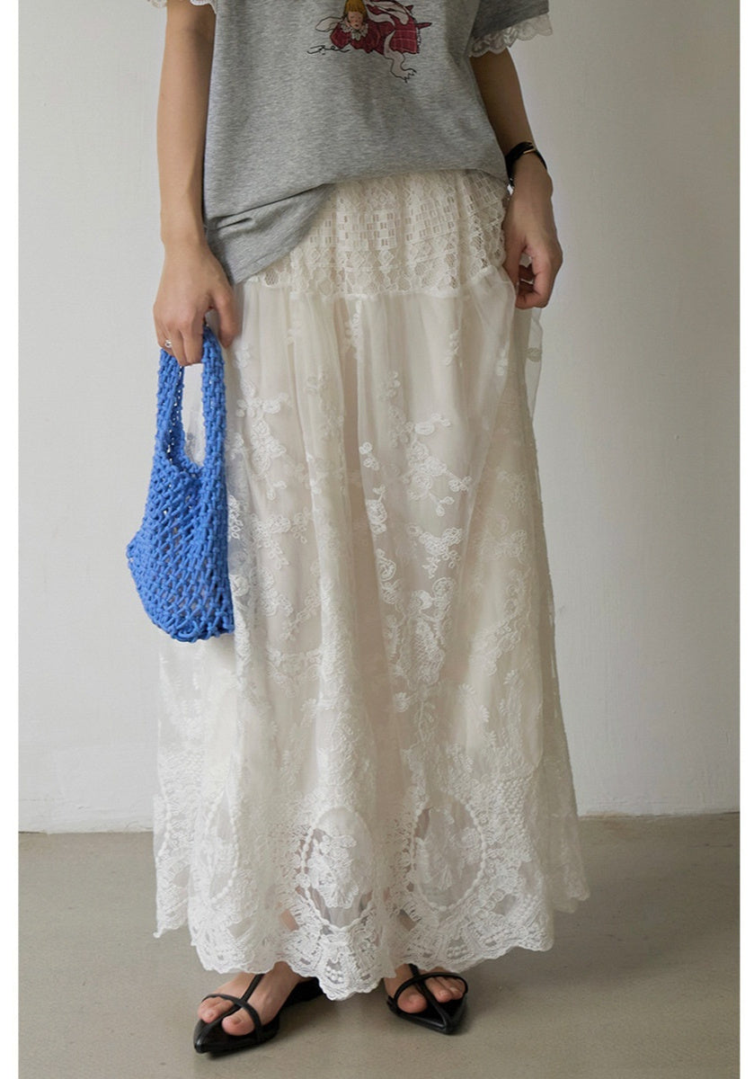 White First Love Heavy-Duty Lace Trimmed Elastic High-Waist Holiday Skirt