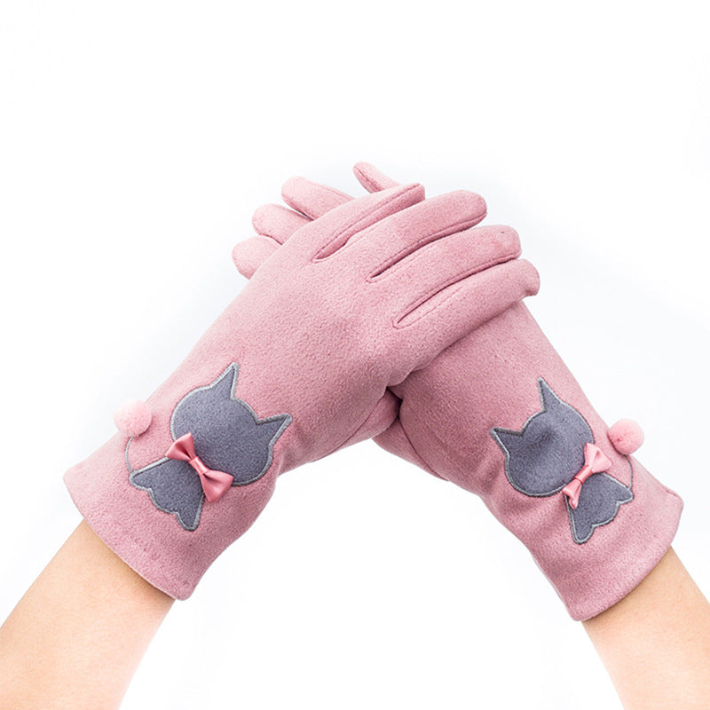 Autumn And Winter Embroidered Cat Touch Screen Gloves Suede Thickened Fleece-lined Riding Warm Gloves
