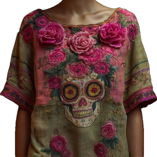 V-neck Elegant Artistic And Retro-style Short-sleeve Top