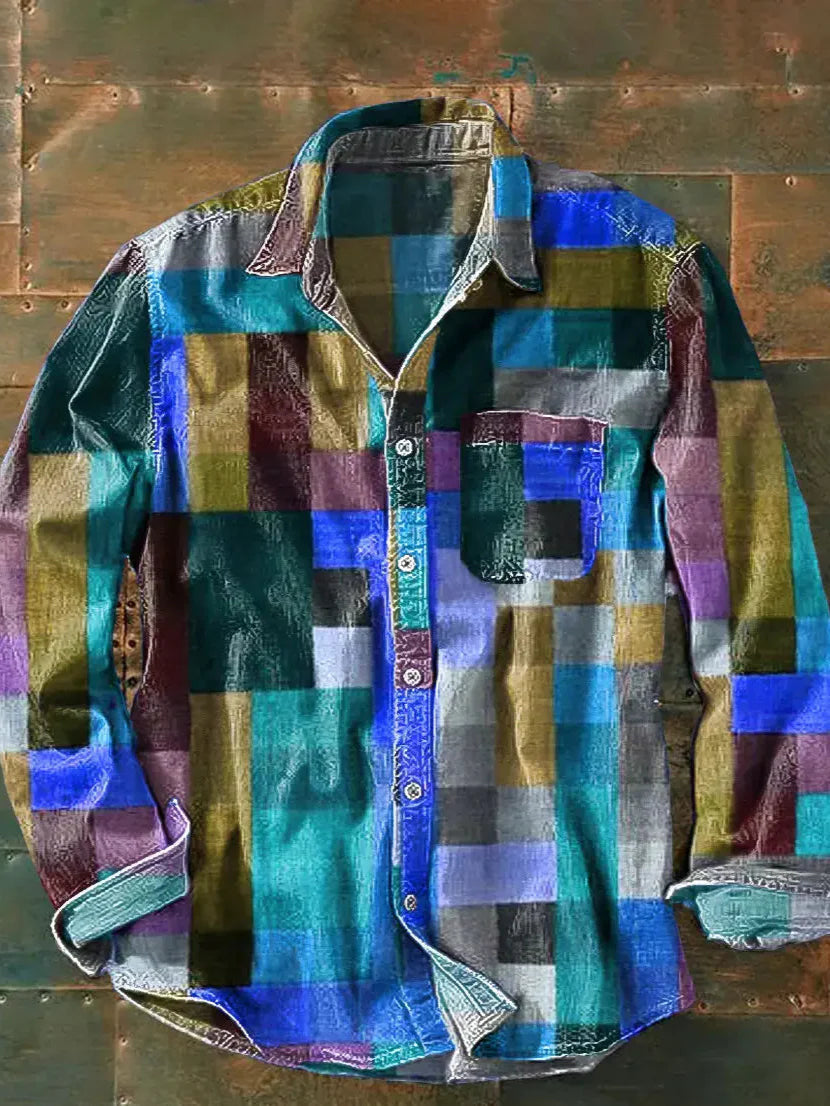 Retro Color Matching 3D Printed Men's Long Sleeve Button Shirt