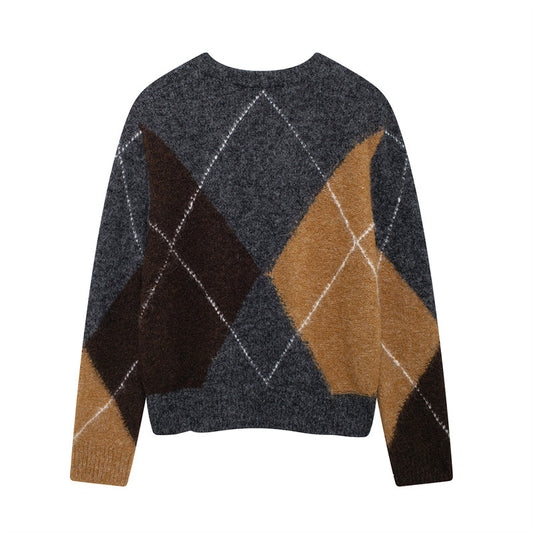 Fashionable Casual All-match Round Neck Diamond-shaped Sweater