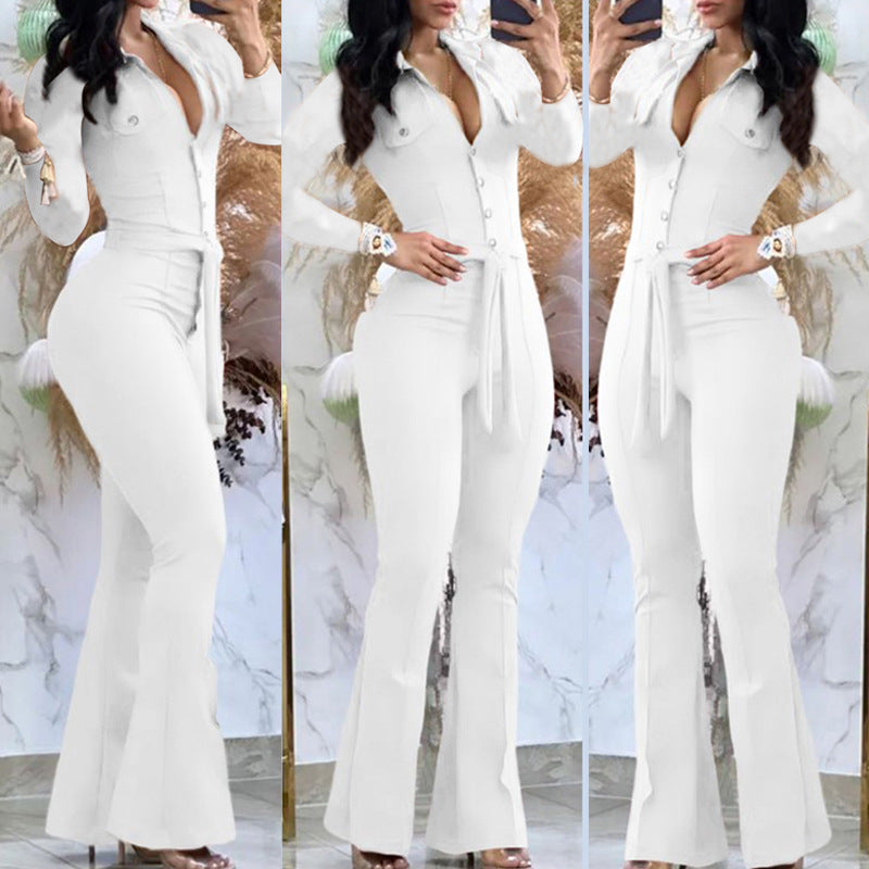 Autumn And Winter Button Lapel Slightly Flared Workwear Bag Jumpsuit Containing Belt