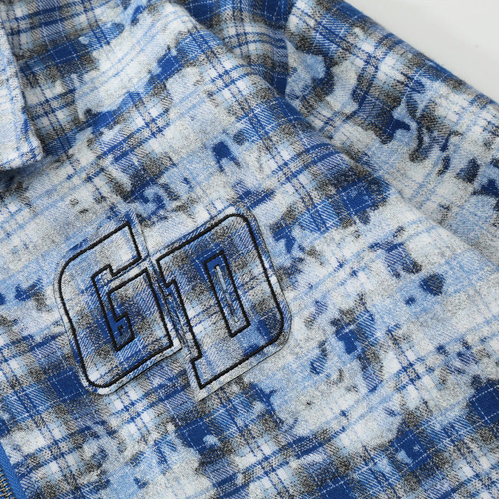 Tie-dyed Distressed Plaid Shirt Jacket Men