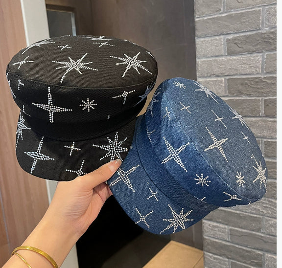 Denim Rhinestone XINGX Flat-top Cap Women's Spring Face Little Wild
